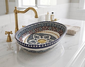 Hand-Painted Moroccan Oval Ceramic Vessel Sink – Artisan Bathroom Basin Decor