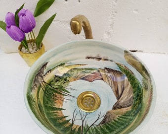 Bathroom ceramic sink basin hand painted with Natural colours, custom luxury handcrafted counter top basin circular style