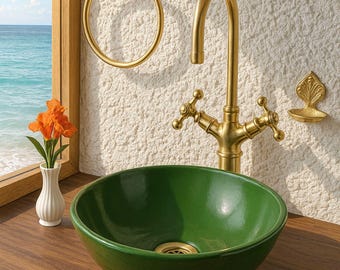 Round Green Ceramic Sink - Artisan Handmade Vessel Bowl