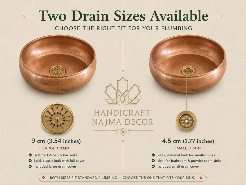 Op de afbeelding: Twee ronde koperen wastafels met messing afvoeren. De tekst luidt: Two Drain Sizes Available, HANDICRAFT NAJMA DECOR, 9 cm (3.54 inches) LARGE DRAIN, 4.5 cm (1.77 inches) SMALL DRAIN, BOTH SIZES FIT STANDARD PLUMBING &mdash; CHOOSE THE ONE THAT FITS YOUR SINK.