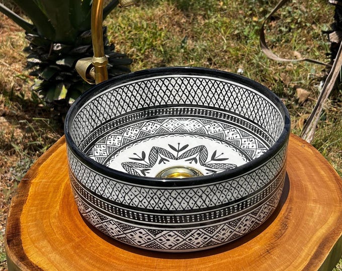 Featured listing image: Ceramic sink Bathroom wash basin hand painted with Black and white, custom luxury handcrafted countertop , original bathroom decor