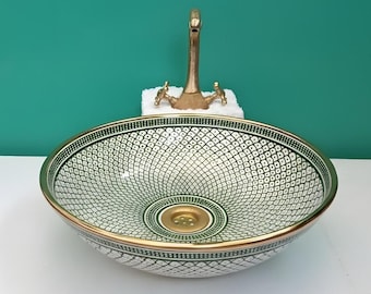 Green Moroccan Ceramic Vessel Sink | Handmade Gold Rim Bathroom Basin | Luxury Artisan Round Sink