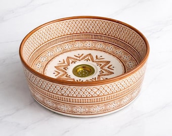 Hand Painted Moroccan Ceramic Sink, Terracotta White Round Vessel Sink, Luxury Countertop Bowl