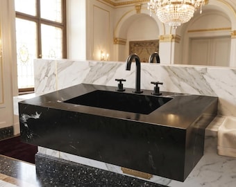 Handmade Moroccan Porcelain Sink – Black Rectangular Vessel Basin, Marble Effect Wash Basin