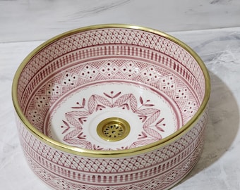 Lavabo de cerámica rosa marroquí hecho a mano: Lavabo de tocador artístico con borde de latón