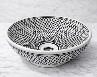Hand-Painted Ceramic Bathroom Sink: Black & White Moroccan Basin