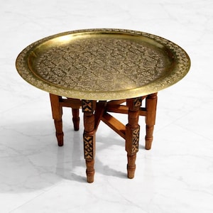Hand-Carved Moroccan Tea Table: Brass Tray, Cedar Legs, Fes Medina