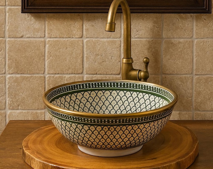 Featured listing image: Hand-Painted Ceramic Sink with 14K Gold Accents - Green & White Moroccan  Washbasin
