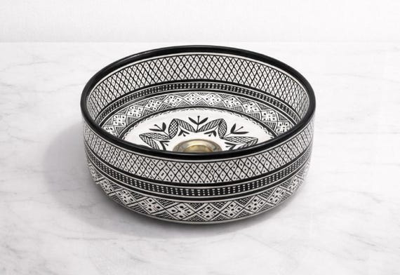 Hand-Painted Black & White Moroccan Ceramic Vessel Sink | Handmade Bathroom Basin | Artisan Pottery Sink