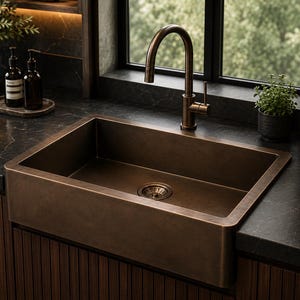 May include: A rectangular farmhouse kitchen sink with a smooth, dark bronze finish. The sink features a matching bronze drain assembly and is paired with a tall, curved, bronze-toned gooseneck faucet mounted on a dark, textured countertop.