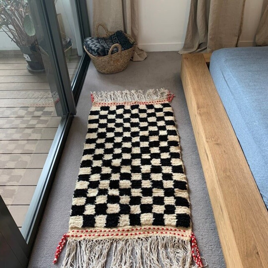 Runner Rug Black and White , Berber Wool, Modern Carpet, Area Rug