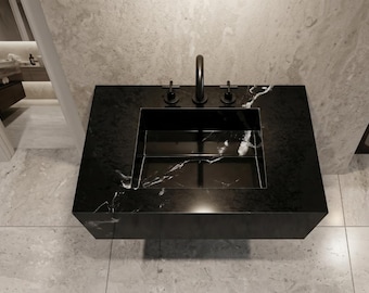 Lavabo marroquí de porcelana negra de lujo: moderno lavabo mural con efecto mármol.