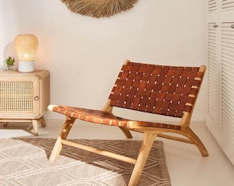 Handmade Woven Leather Chair: Moroccan Wood Bench