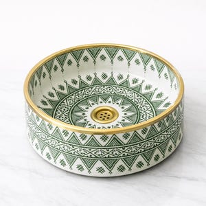 Green & White Moroccan Ceramic Sink with Brass Rim – Handmade Pottery Washbasin
