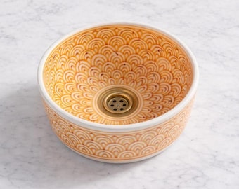 Hand Painted Moroccan Ceramic Vessel Sink, Burnt Orange Boho Basin