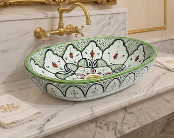 Lavabo ovalado de cerámica marroquí hecho a mano con diseño floral verde, desagüe de latón, lavabo para baño.