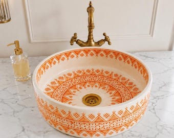 Hand Painted Moroccan Ceramic Sink – Orange White Round Vessel Bathroom Basin, Handmade Vanity Bowl