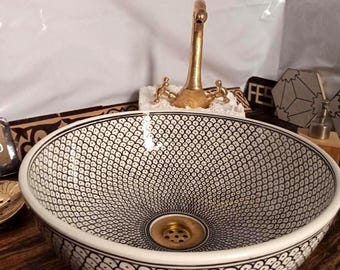 Luxury Black & White Moroccan Ceramic Vessel Sink Hand Painted Round Basin Design HandicraftNajmaDecor
