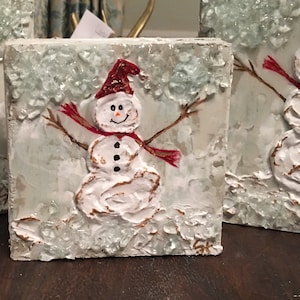 Painted Textured Snowman with Glass, Block Art, Glass Art