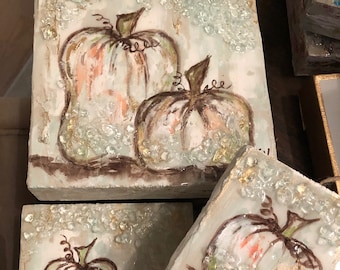 Pumpkin Art, Crushed Glass Textured Pumpkin, Thanksgiving, Fall Pumpkin, Textured Paint, Block Art