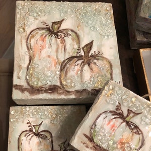 Pumpkin Art, Crushed Glass Textured Pumpkin, Thanksgiving, Fall Pumpkin, Textured Paint, Block Art