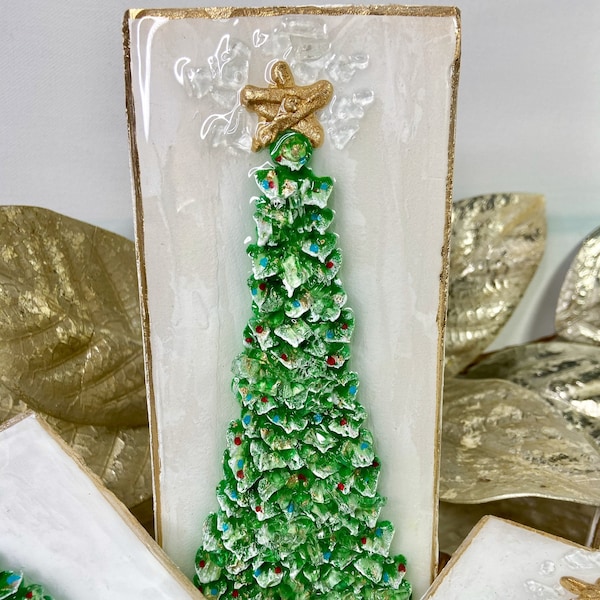 Textured Christmas Tree with Glass, Block Art, Crushed Glass Art, Resin Art, Christmas Tree, Colorful Christmas Lights, Christmas Painting