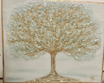 24x24 inch, B Pigort Shining Gold and Green Trees Painting Canvas Wall Art Gold Foil Embellished Wall Decor for Living Room Bedroom Office