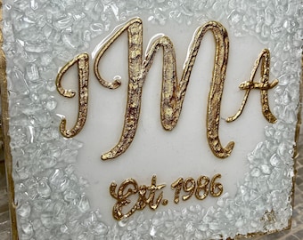 Wedding Gift,  Bride and Groom Initials, Established Date, Wedding Date, Block Art, Glass Art, Painting