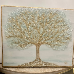 Tree Of Life Glass Art, Block Art, Crushed Glass tree, Gold Leaf Tree Painting