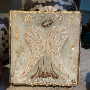 Textured Back Angel with Glass, Block Art, Glass Art, Resin Art, Crushed Glass, Angel Painting, Christian, Religion, Religious, Angel, Halo