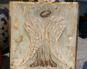 Textured Back Winged Angel Art with Crushed Glass & Gold Leaf, Handmade Christian Wall Decor, Guardian Angel Gift