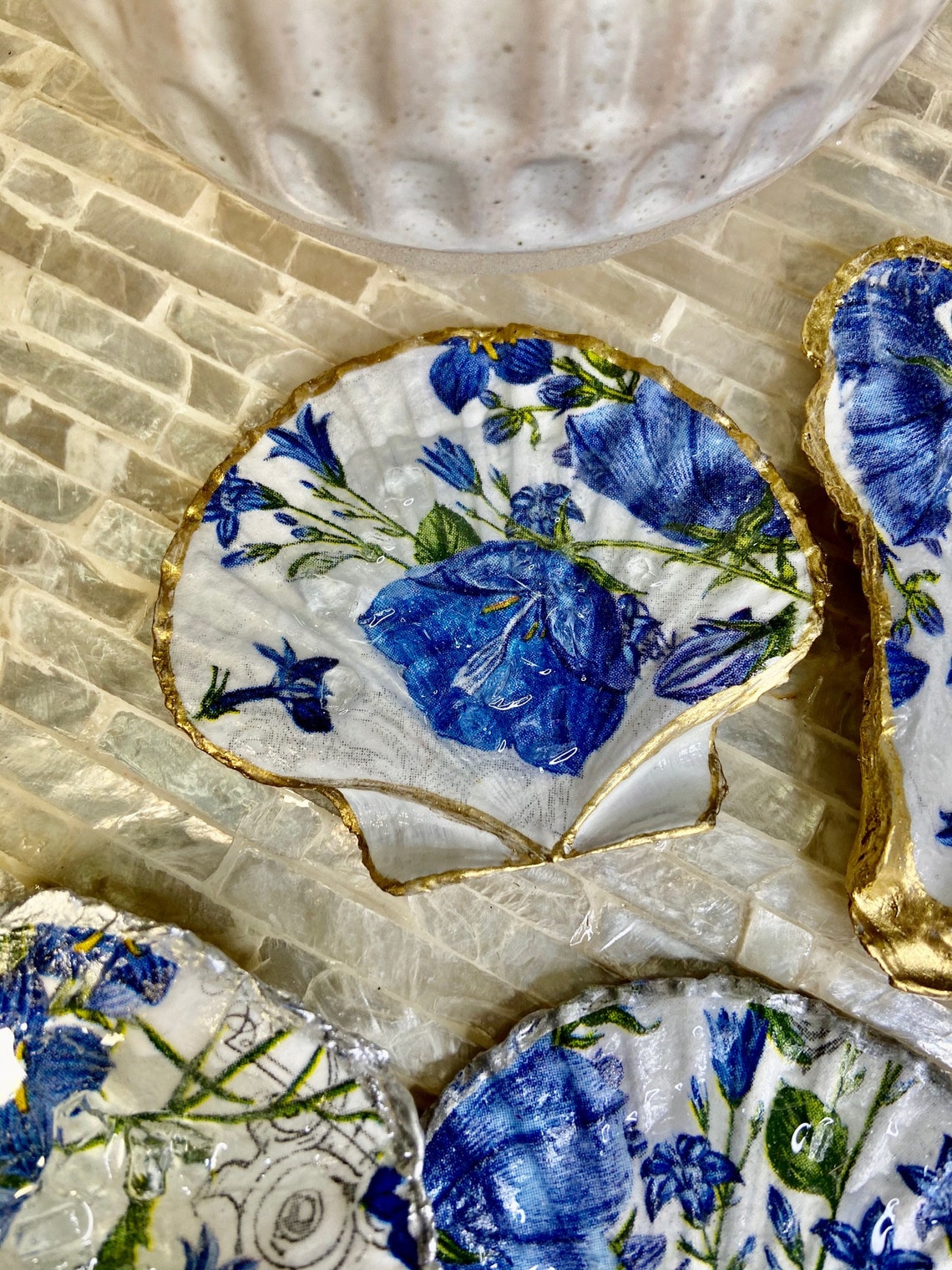 Decoupage Shells Blue Flowers and White Gold Trimmed Etsy
