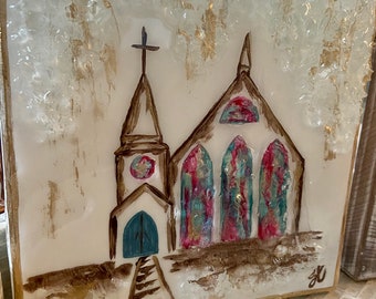 Textured Church Painting with Crushed Glass, Handmade Christian Wall Decor, Southern Church Gift