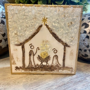 Nativity, Christmas Art, Crushed Glass, Block Art