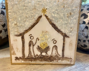Nativity, Christmas Art, Crushed Glass, Block Art