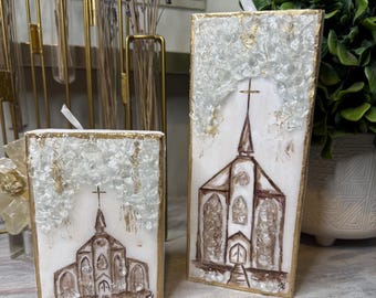 Textured Church Art with Crushed Glass, Handmade Christian Shelf Decor, Southern Church Gift