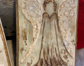 Textured Angel Art with Crushed glass & Gold Leaf, Handmade Christian Wall Decor, Guardian Angel Gift