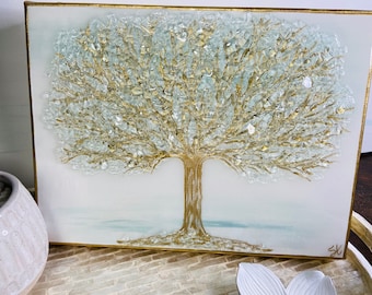 Gold or Silver Glass Tree of Life, Glass Art, Gold Leaf, Silver Leaf, Crushed Glass Art, Resin Art, mod by stephanie,