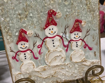 Painted Textured Snowman with Glass, Block Art, Glass Art