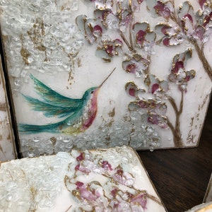 Hummingbird Painting, Glass Art, Block Art, Textured Tree Painting, Resin Art, Crushed Glass