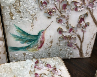 Hummingbird Painting, Glass Art, Block Art, Textured Tree Painting, Resin Art, Crushed Glass