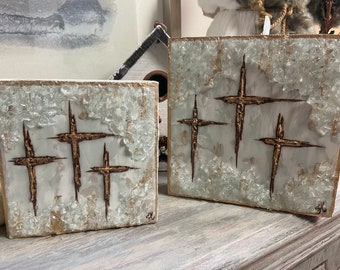 Three Crosses Art with Crushed Glass & Gold Leaf, Colorful Christian Wall Decor, Handmade Religious Gift