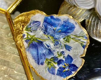 Decoupage Oyster, Gold or Silver Leaf Trimmed, Blue Flowers and White Oyster, Shell Art, Coastal, Beach, Resin Art, Glass