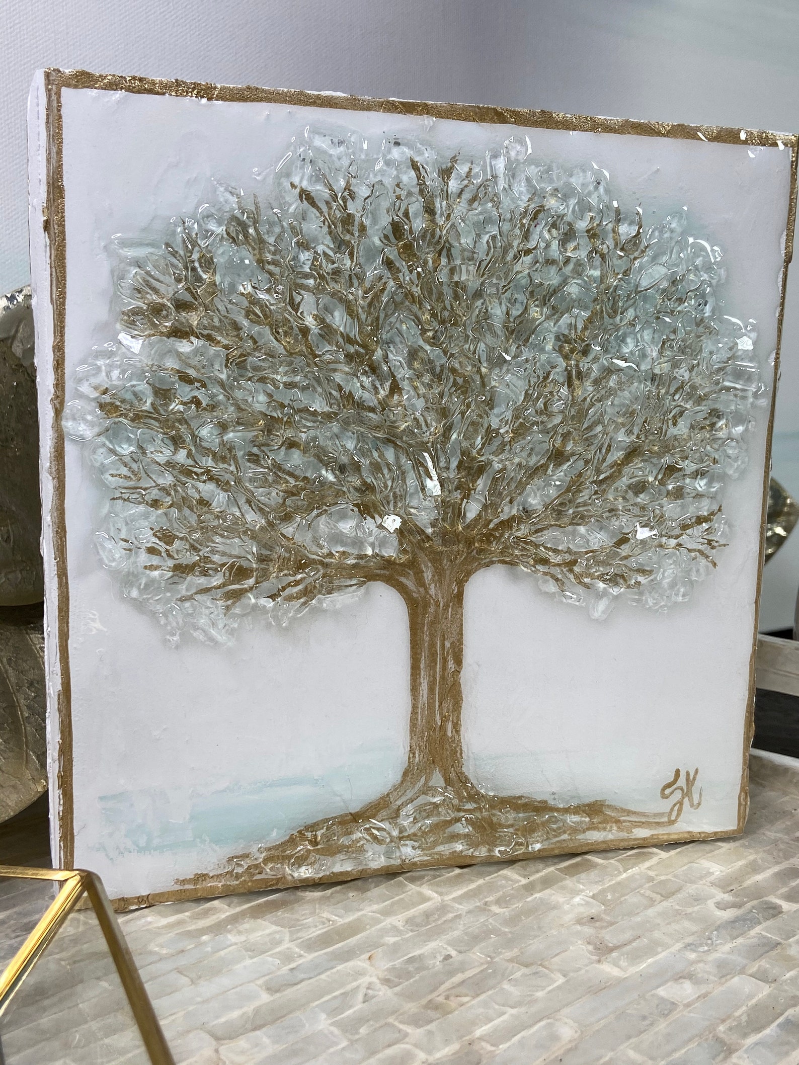 Tree of Life Glass Art Block Art Crushed Glass Tree Gold Etsy