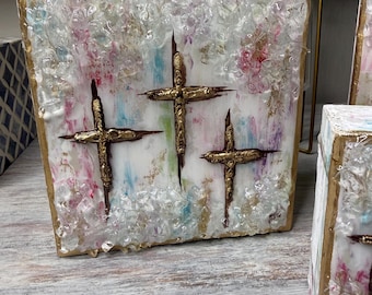 Three Crosses Art with Crushed Glass & Gold Leaf, Colorful Christian Wall Decor, Handmade Religious Gift