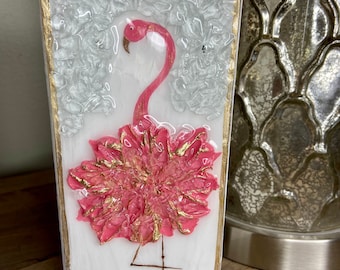 Textured Paint with Glass Flamingo, Block Art, Flamingo Art, Resin Art, Crushed Glass, Glass Art, Beach, Coastal