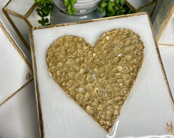 Gold Heart Art with Crushed Glass, Handmade Textured Heart Painting, Gift for Her