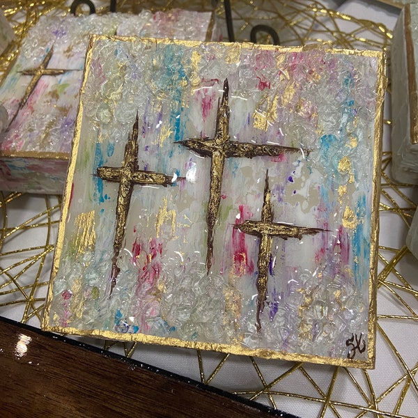 Colorful Textured 3 Crosses w/Glass, Resin Art, Block Art, Glass Art, Crushed Glass, Cross Painting, Christian, Religion, Religion, Gift