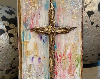 Textured Colorful Cross Art with Crushed Glass & Gold Leaf, Handmade Christian Shelf Decor, Religious Gift