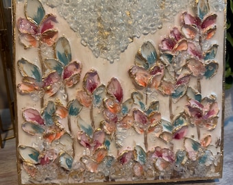 Textured Flowers, Block Art, Crushed Glass Aqua Flowers, Spring Flowers, Summer Flowers, Resin Art